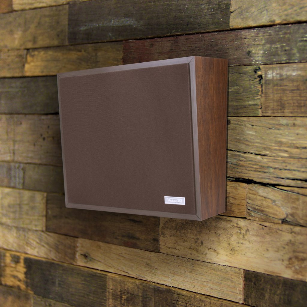 V-1023C Woodgrain Wall Speaker, Angled, One-Way, with Dark Cloth Grille