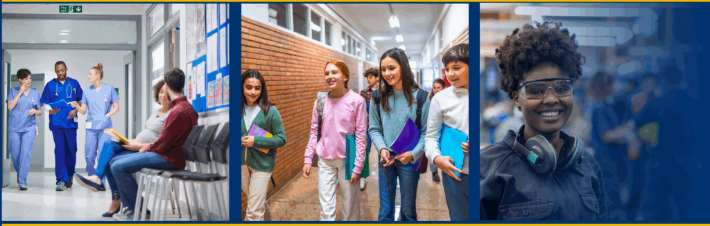 Valcom Power of Integration. Colloage of healthcare hospital with three medical workers walking donw the hall, middle image is middle school aged children walking down the school hallway and an african amercian female industrial worker smiling.