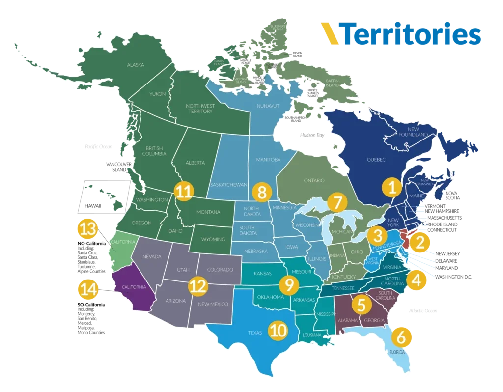 Map of the United States broken into 14 sections each one number  to show Valcom's regional sales manager and territories.