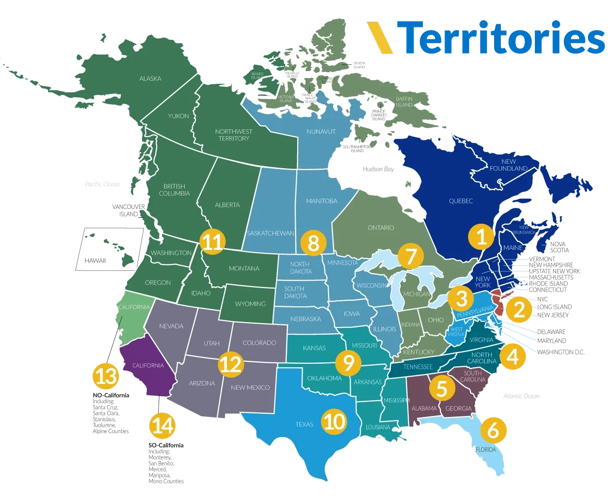 Map of the United States broken into 14 sections each one number to show Valcom's regional sales manager and territories.